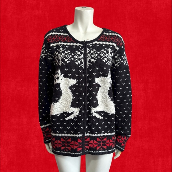 Y2K J. Jill Deer Valley Fair Isle Full Zip Cardigan Sweater Women’s Large - Picture 7 of 10